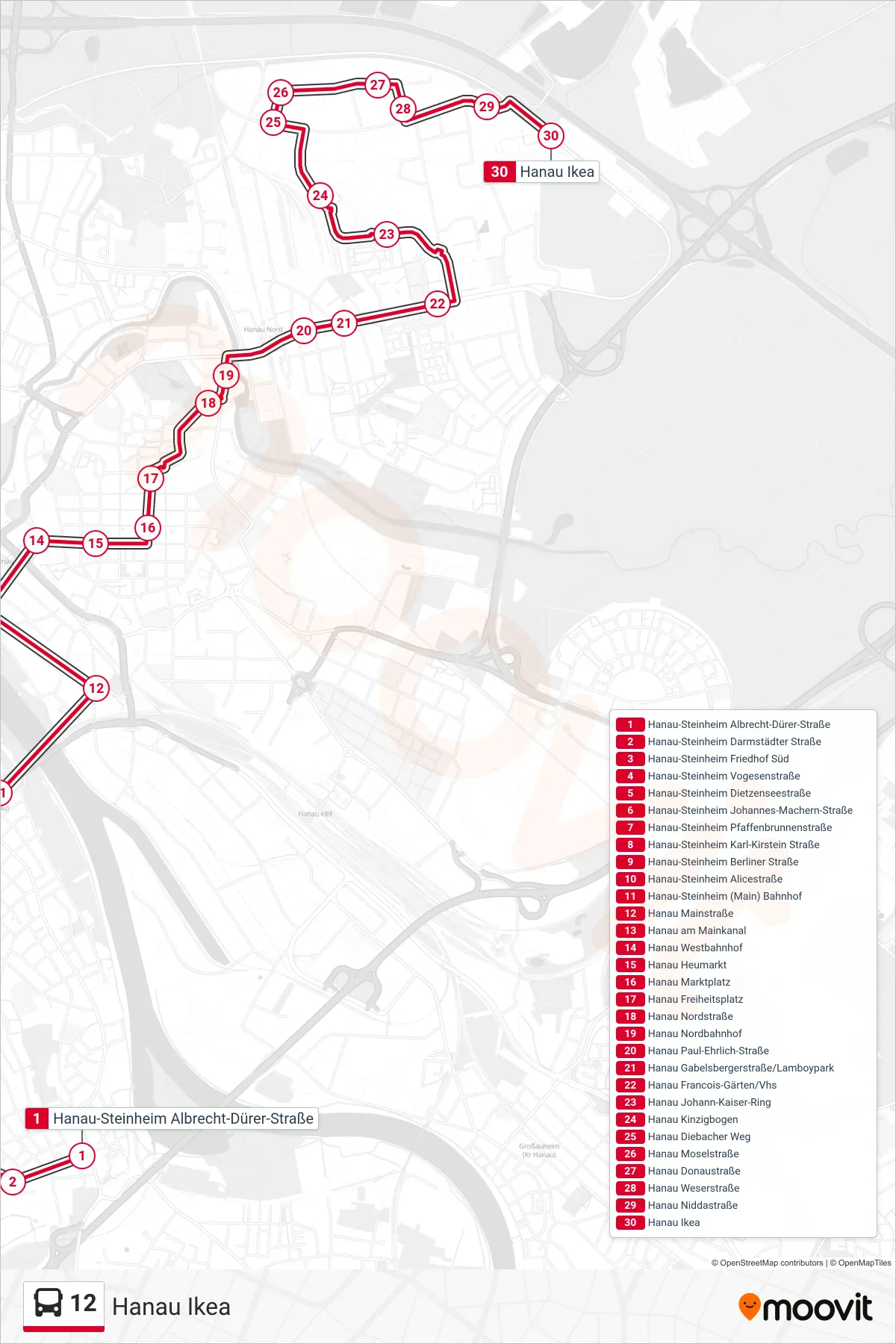 Linie 12 (Bus) Richtung Hanau Ikea: Route und Haltestellen auf der Karte
