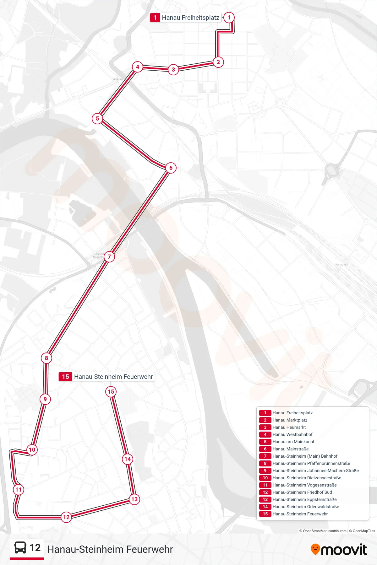 12 bus Line (Hanau-Steinheim Feuerwehr) route and stops on a map
