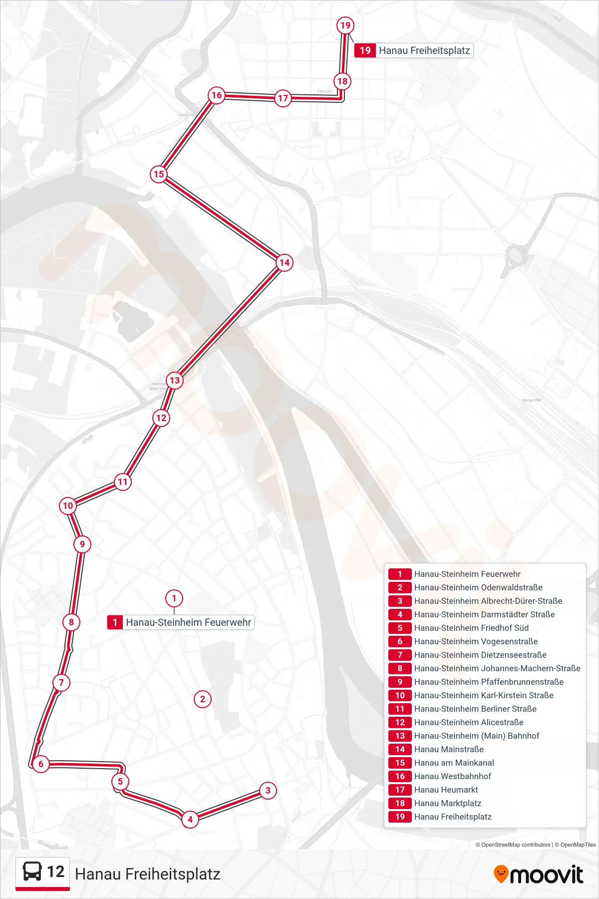 12 bus Line (Hanau Freiheitsplatz) route and stops on a map