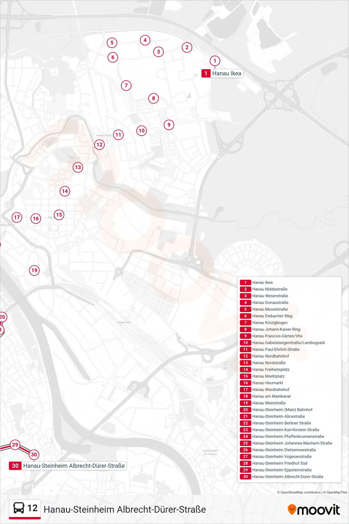 12 bus Line (Hanau-Steinheim Albrecht-Dürer-Straße) route and stops on a map