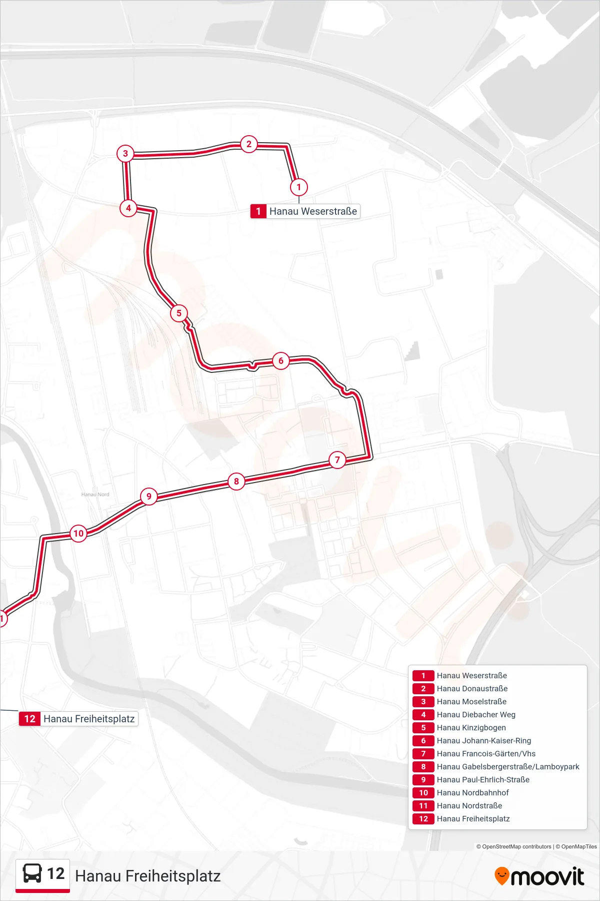 12 bus Line (Hanau Freiheitsplatz) route and stops on a map