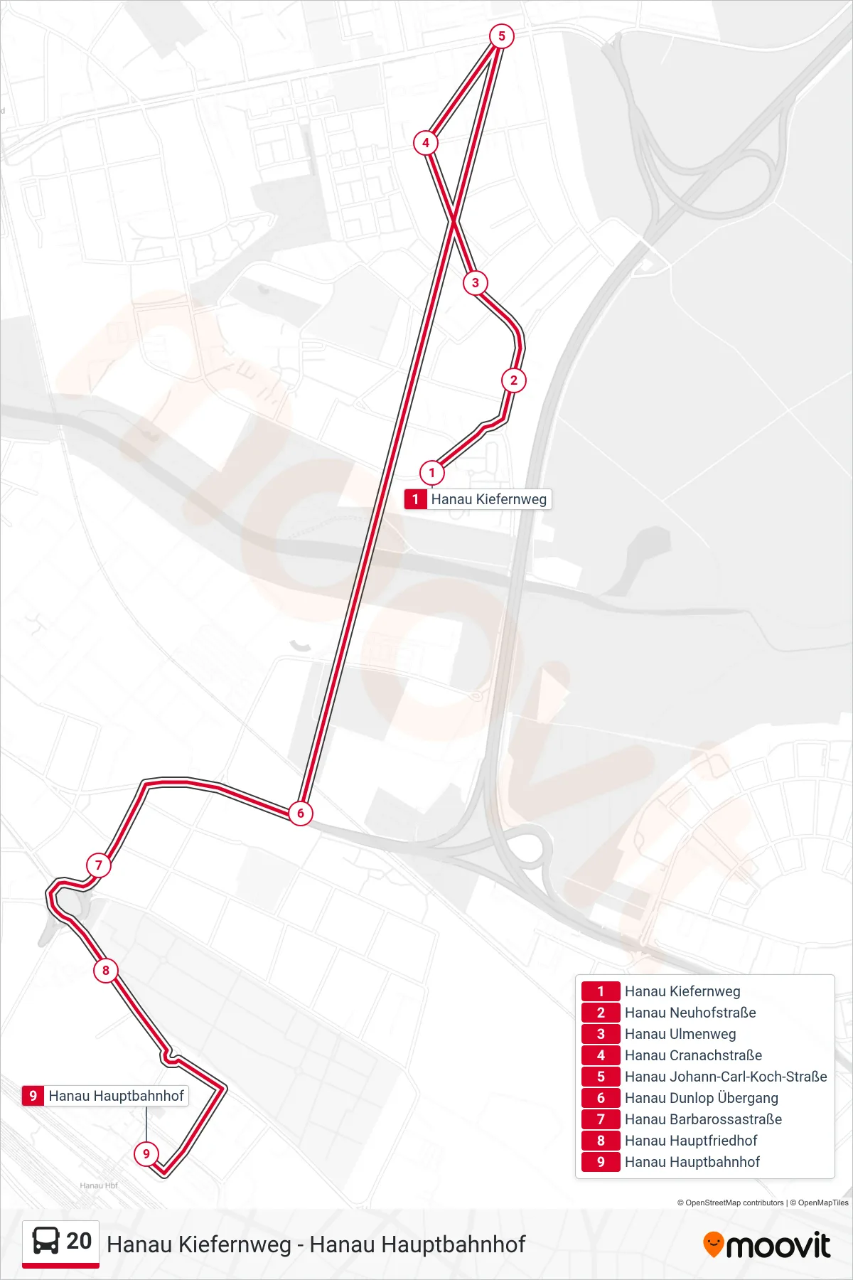 Linie 20 (Bus) Richtung Hanau Hauptbahnhof: Route und Haltestellen auf der Karte