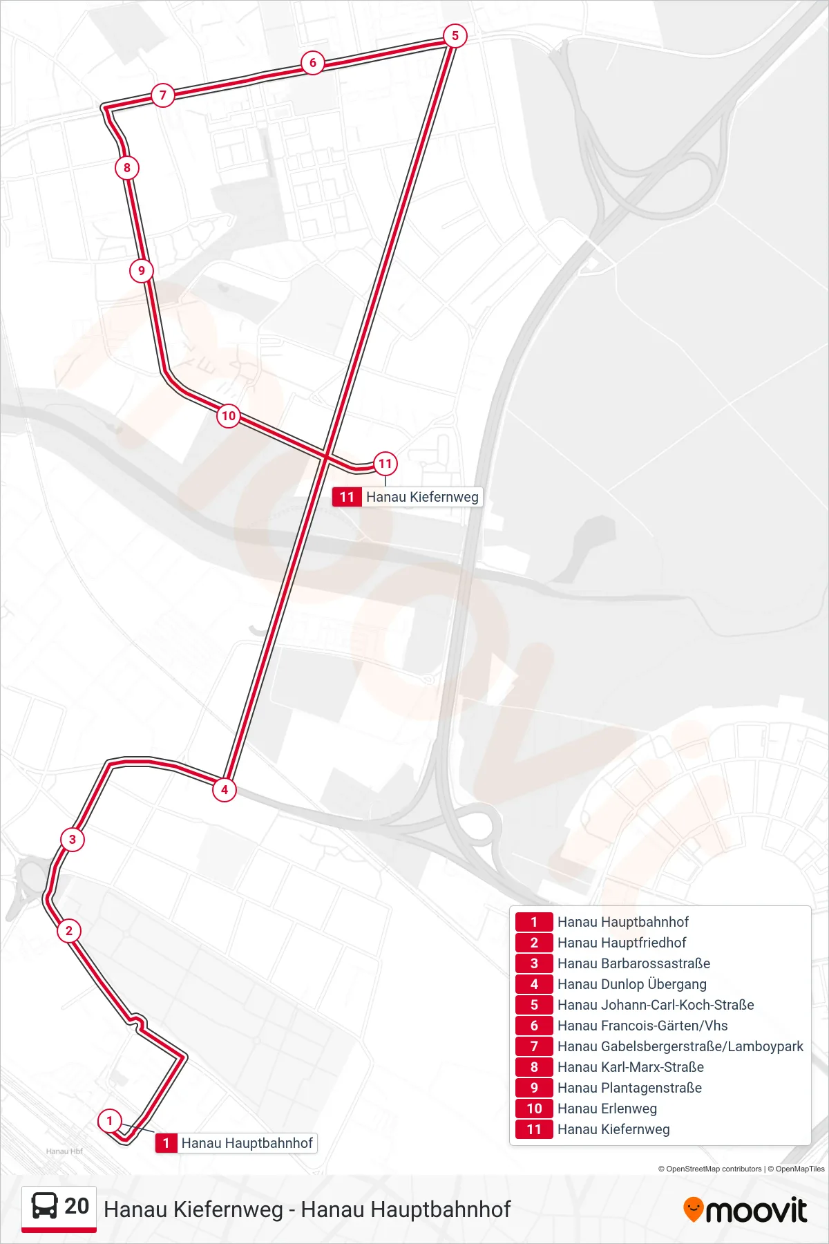 20 bus Line (Hanau Kiefernweg) route and stops on a map