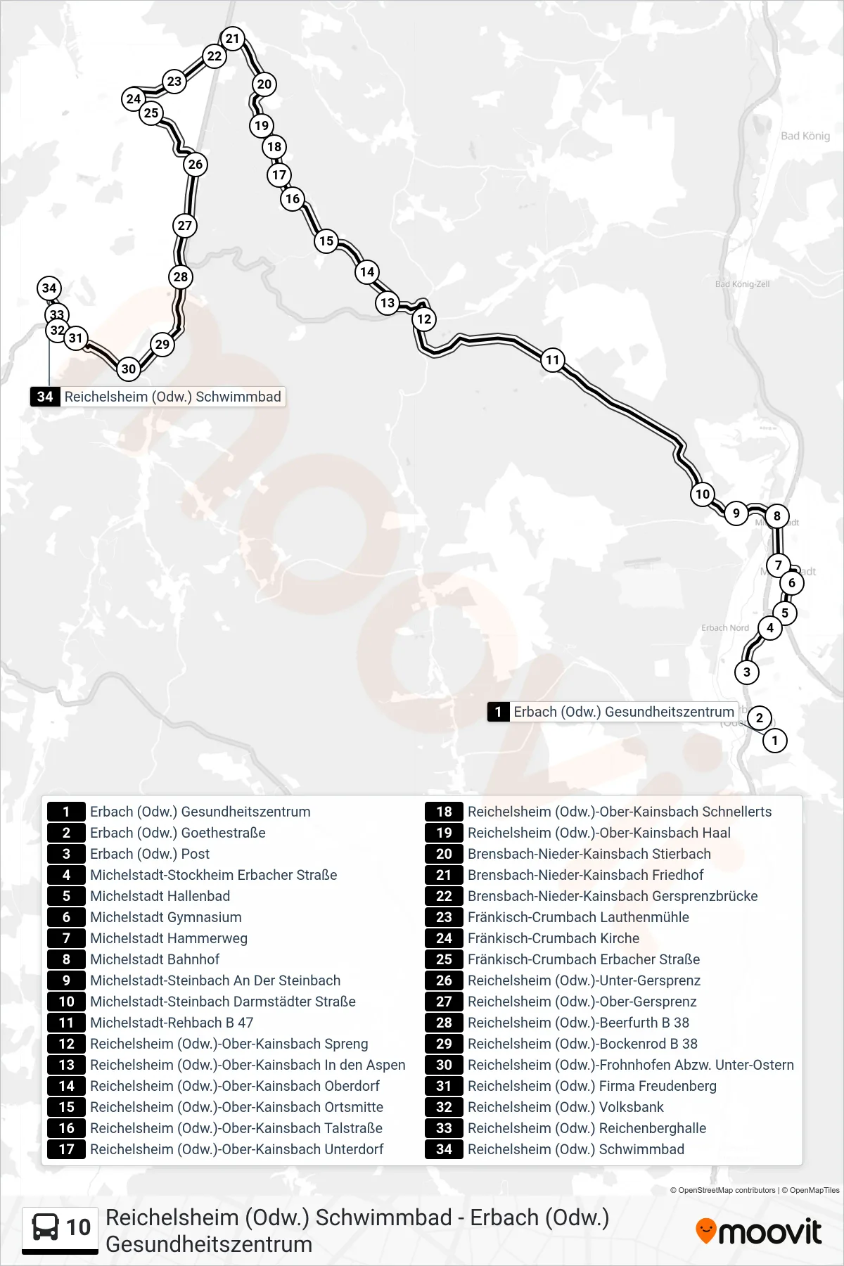 Linie 10 (Bus) Richtung Reichelsheim Schwimmbad: Route und Haltestellen auf der Karte