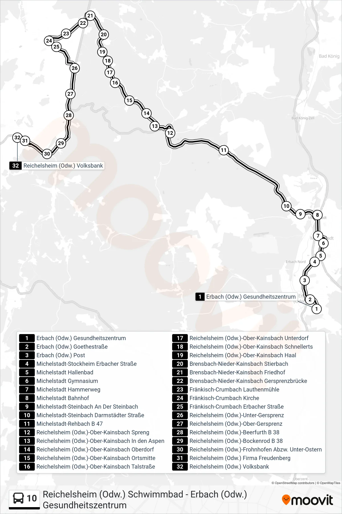 10 bus Line (Reichelsheim Volksbank) route and stops on a map