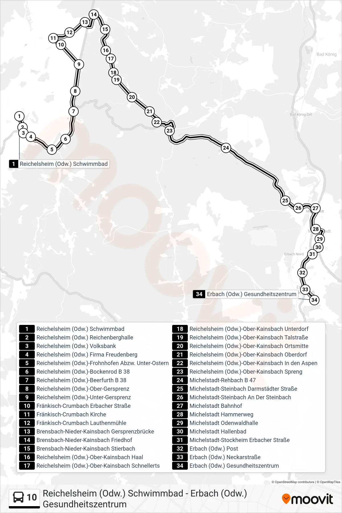 10 bus Line (Erbach Gesundheitszentrum) route and stops on a map