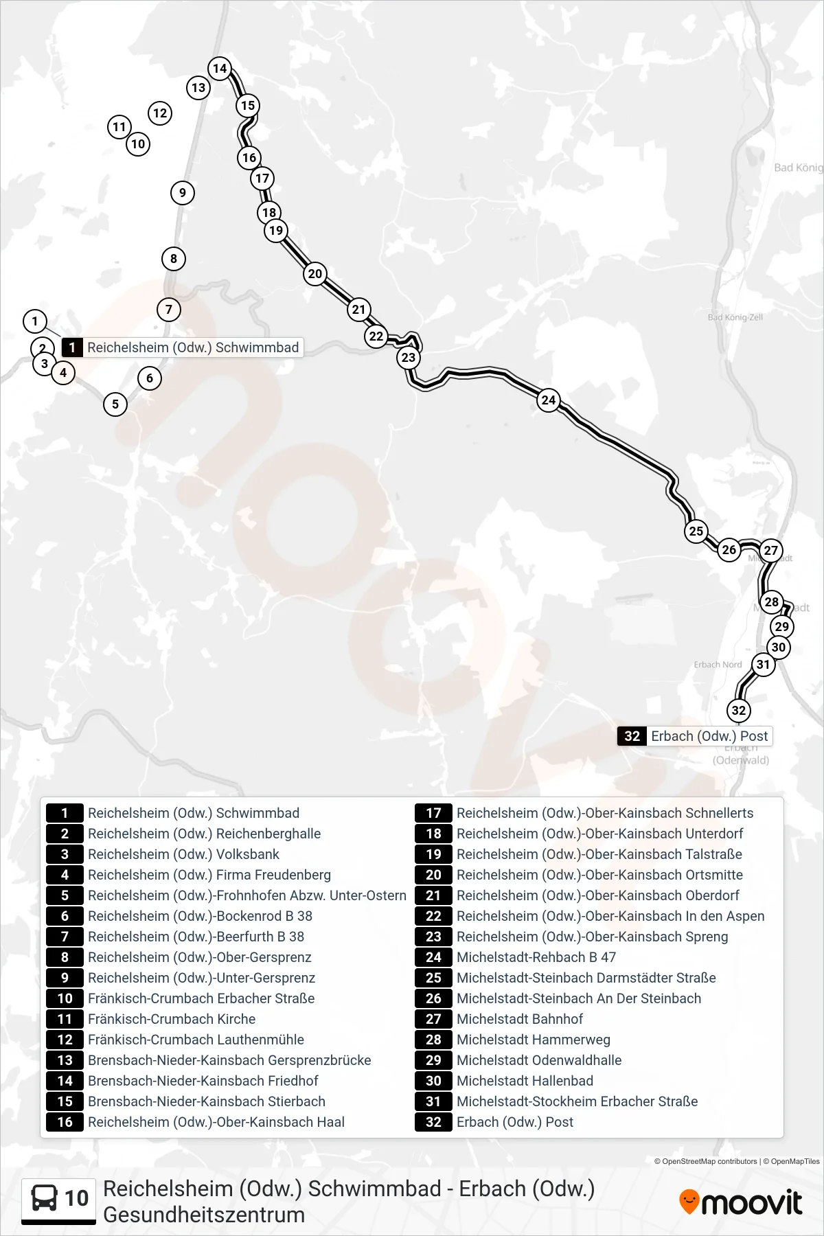 10 bus Line (Erbach Post) route and stops on a map