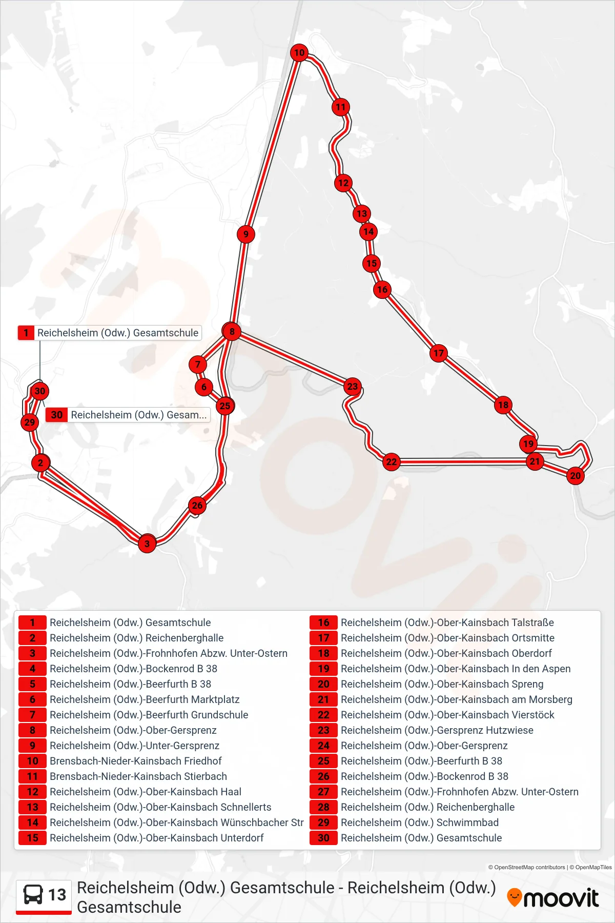 13 bus Line (Reichelsheim (Odw.) Gesamtschule) route and stops on a map
