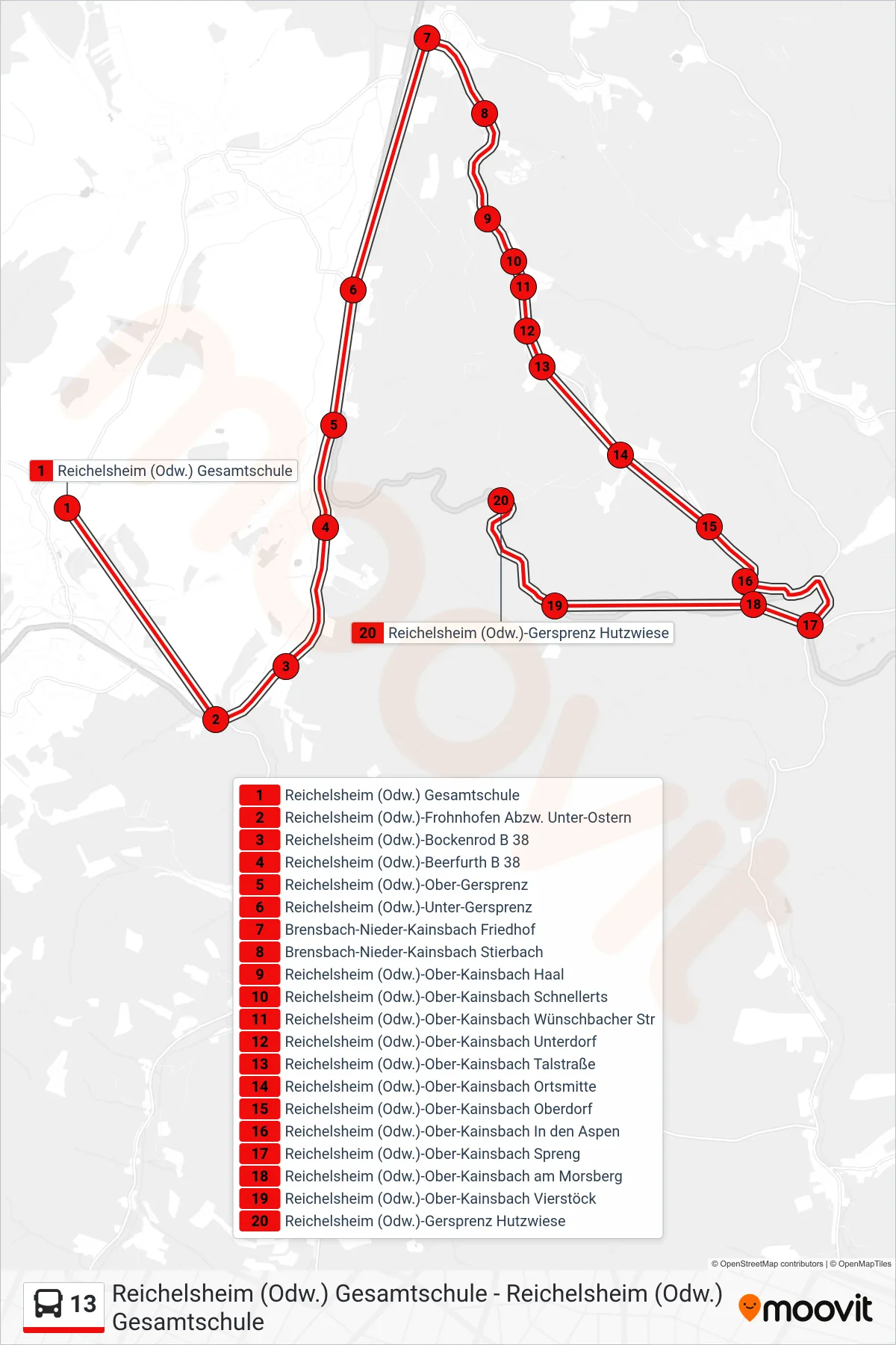 13 bus Line (Reichelsheim (Odw.)-Gersprenz Hutzwiese) route and stops on a map