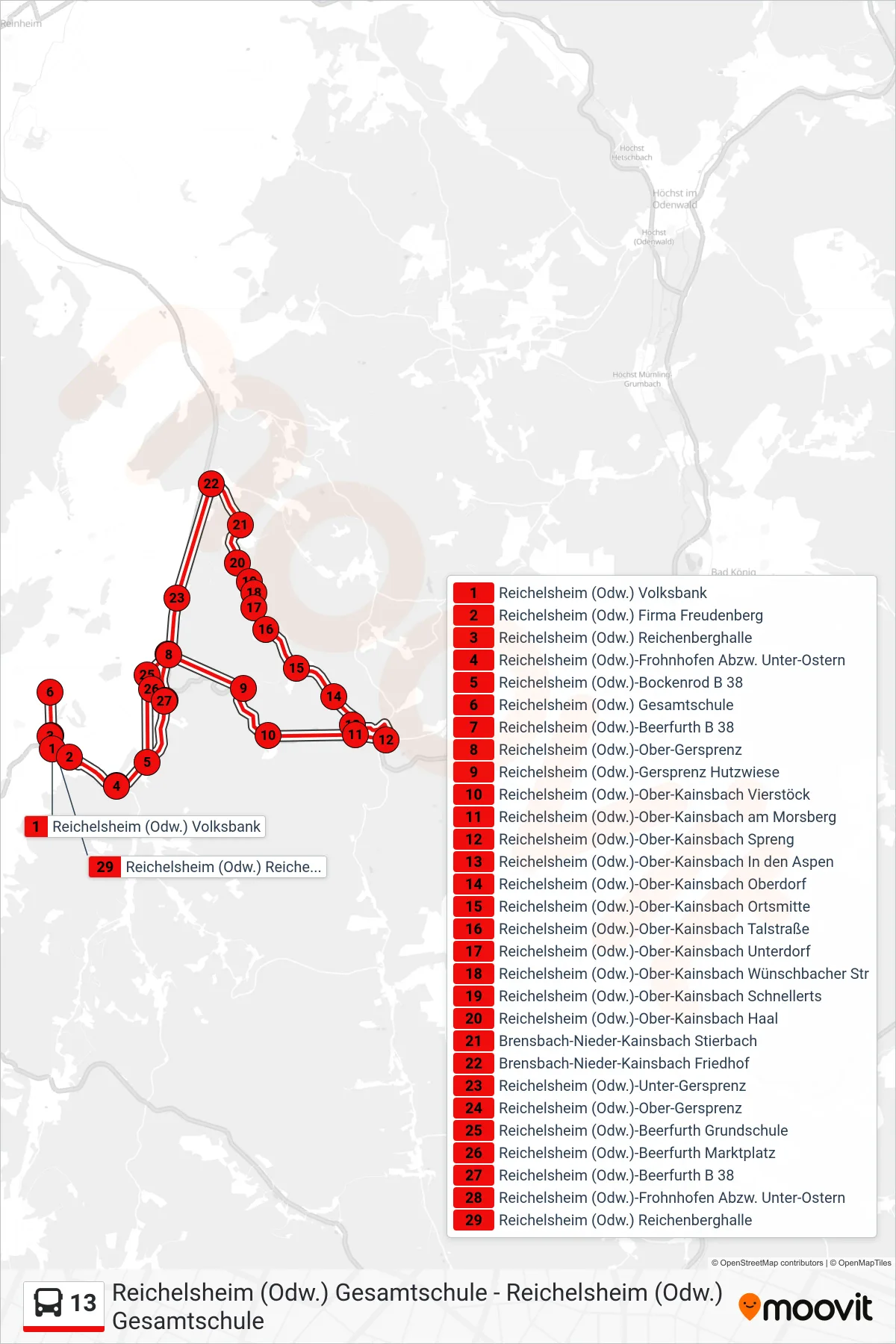 13 bus Line (Reichelsheim (Odw.) Gesamtschule) route and stops on a map