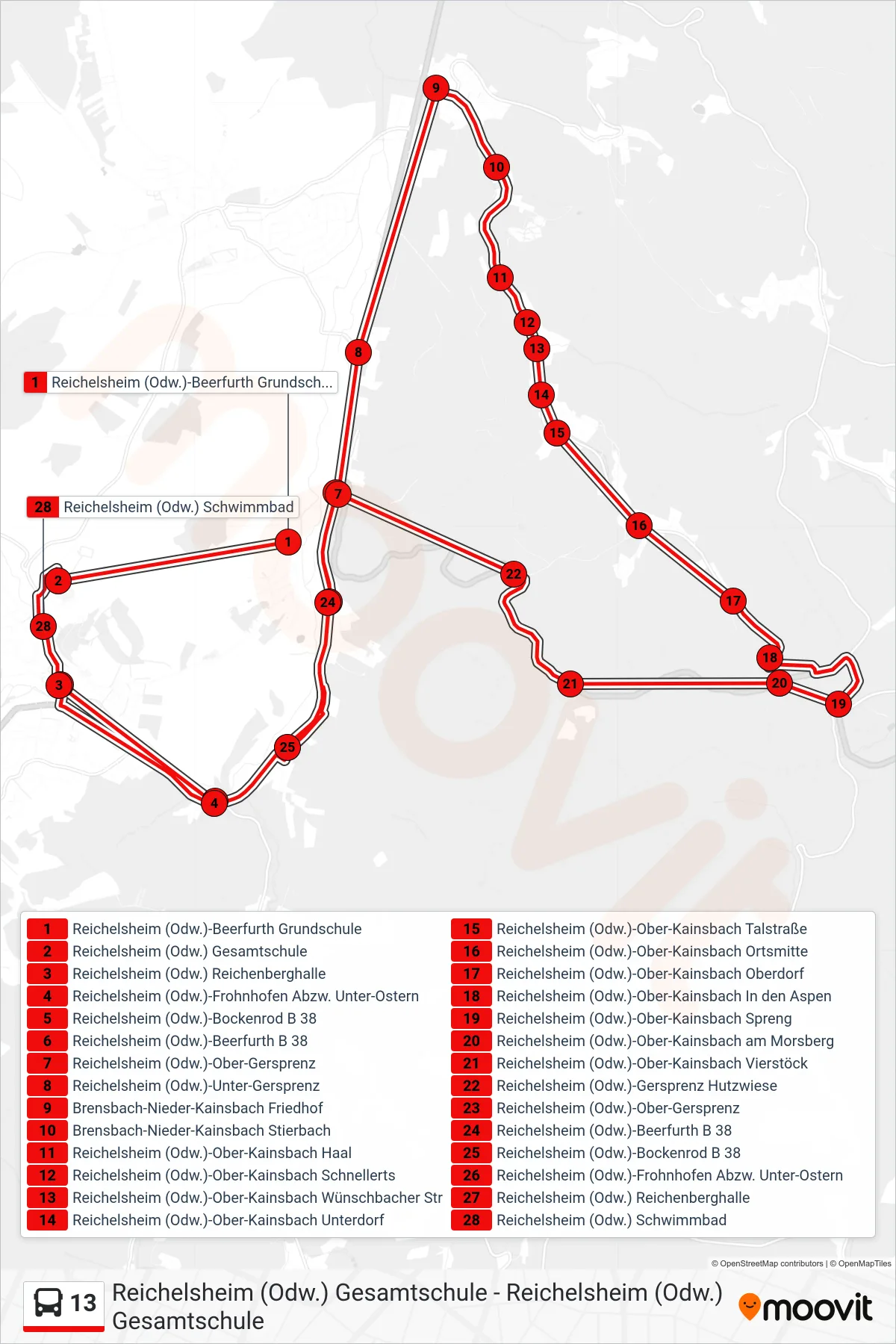Linie 13 (Bus) Richtung Reichelsheim (Odw.) Schwimmbad: Route und Haltestellen auf der Karte