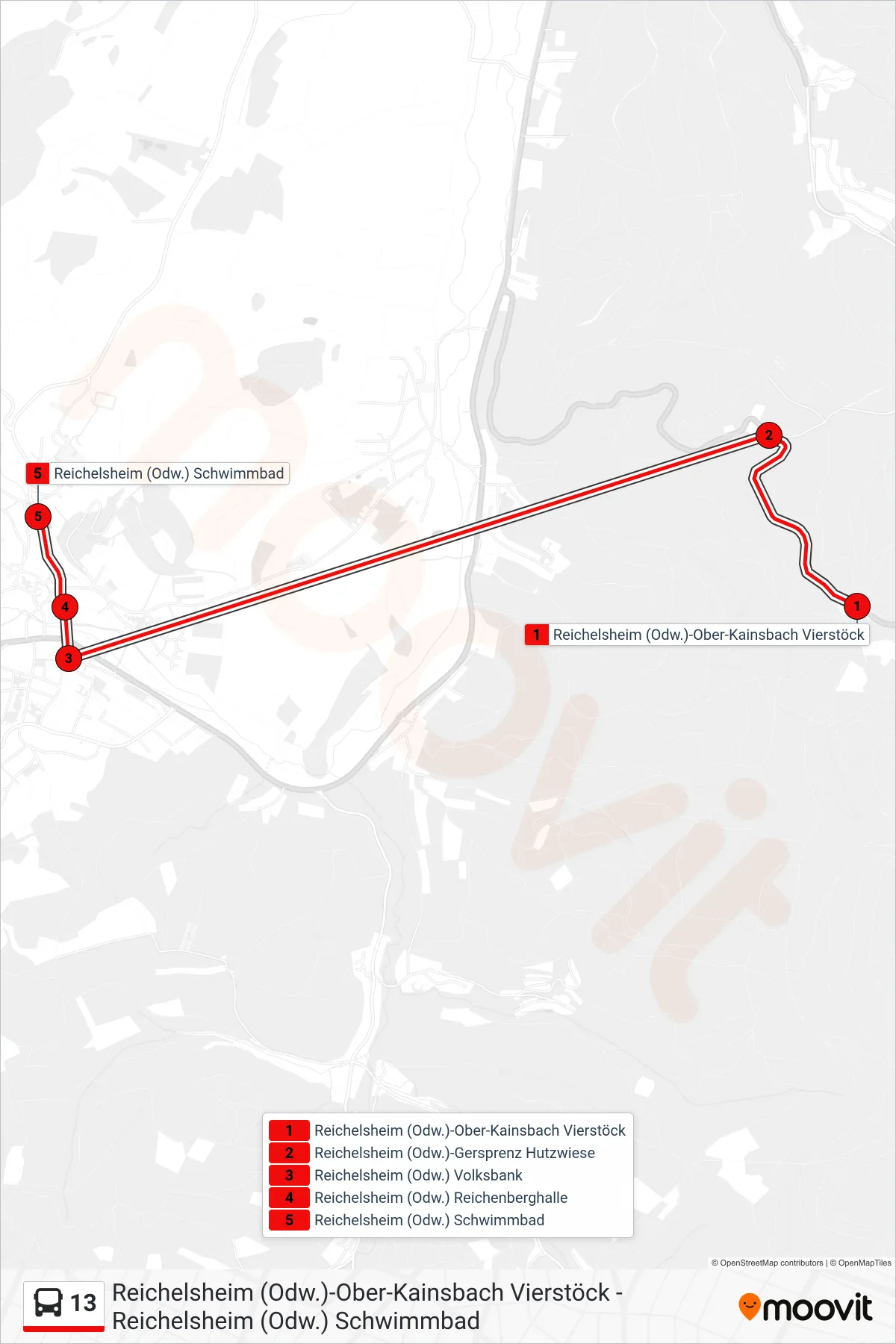 13 bus Line (Reichelsheim) route and stops on a map