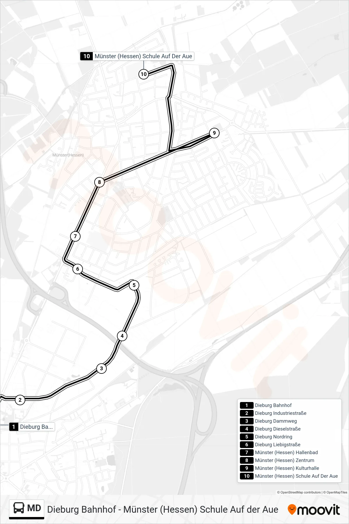 MD bus Line (Münster (Hessen) Schule Auf Der Aue) route and stops on a map