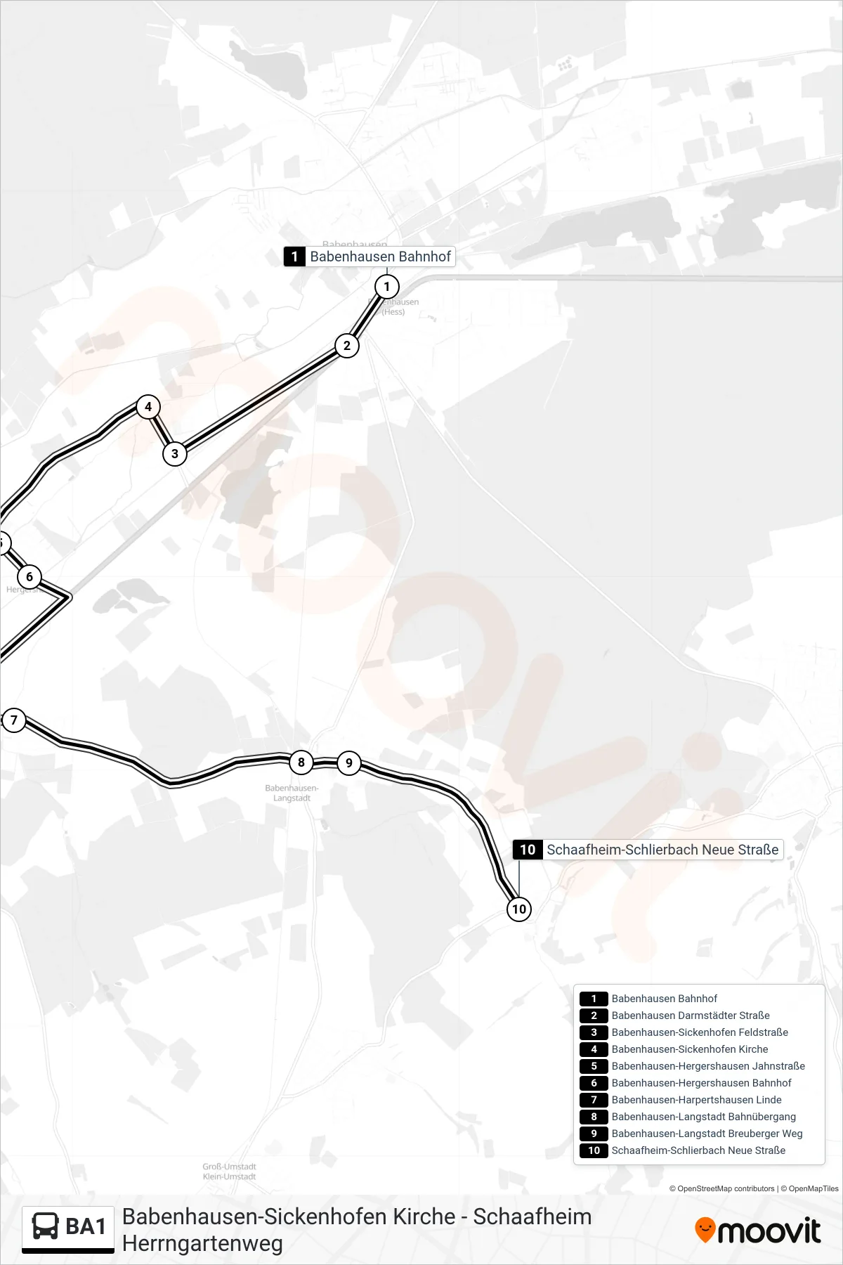 BA1 bus Line (Schaafheim-Schlierbach Neue Straße) route and stops on a map