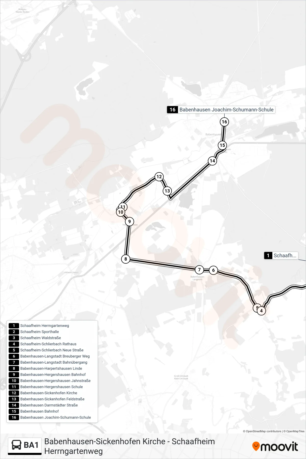 BA1 bus Line (Babenhausen Joachim-Schumann-Schule) route and stops on a map