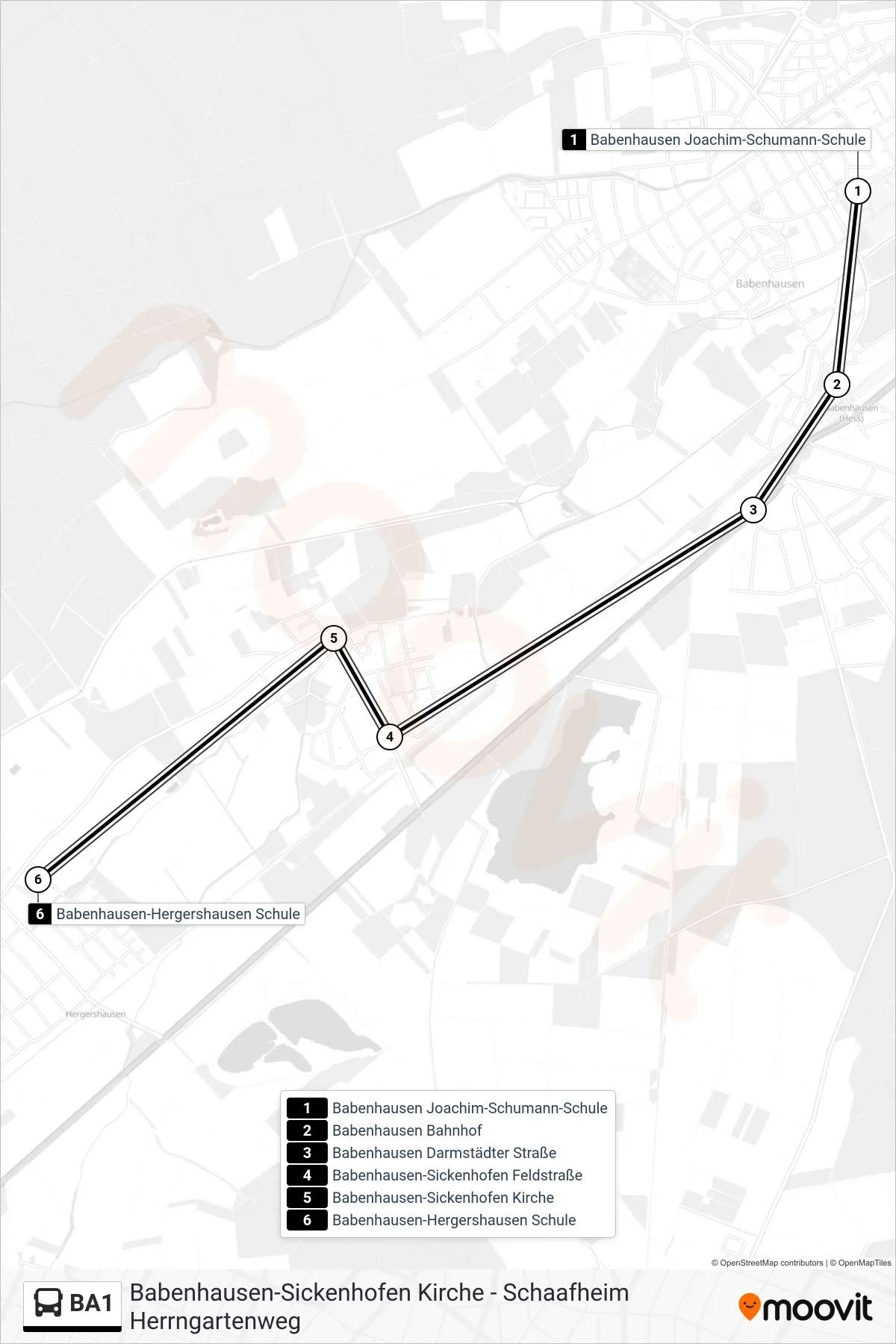 Linie BA1 (Bus) Richtung Babenhausen-Hergershausen Schule: Route und Haltestellen auf der Karte