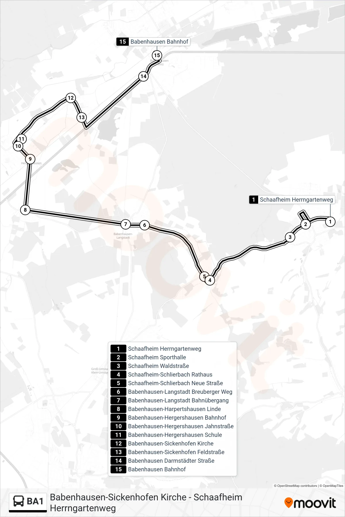 BA1 bus Line (Babenhausen Bahnhof) route and stops on a map