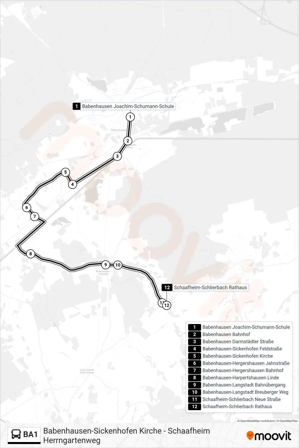BA1 bus Line (Schaafheim-Schlierbach Rathaus) route and stops on a map