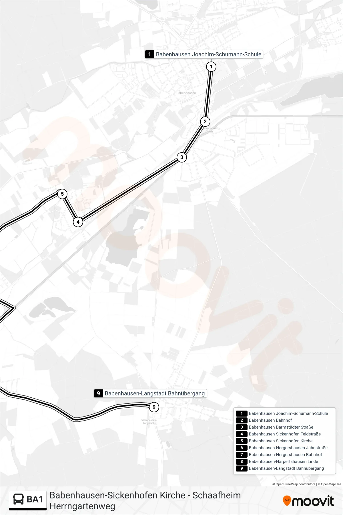BA1 bus Line (Babenhausen-Langstadt Bahnübergang) route and stops on a map