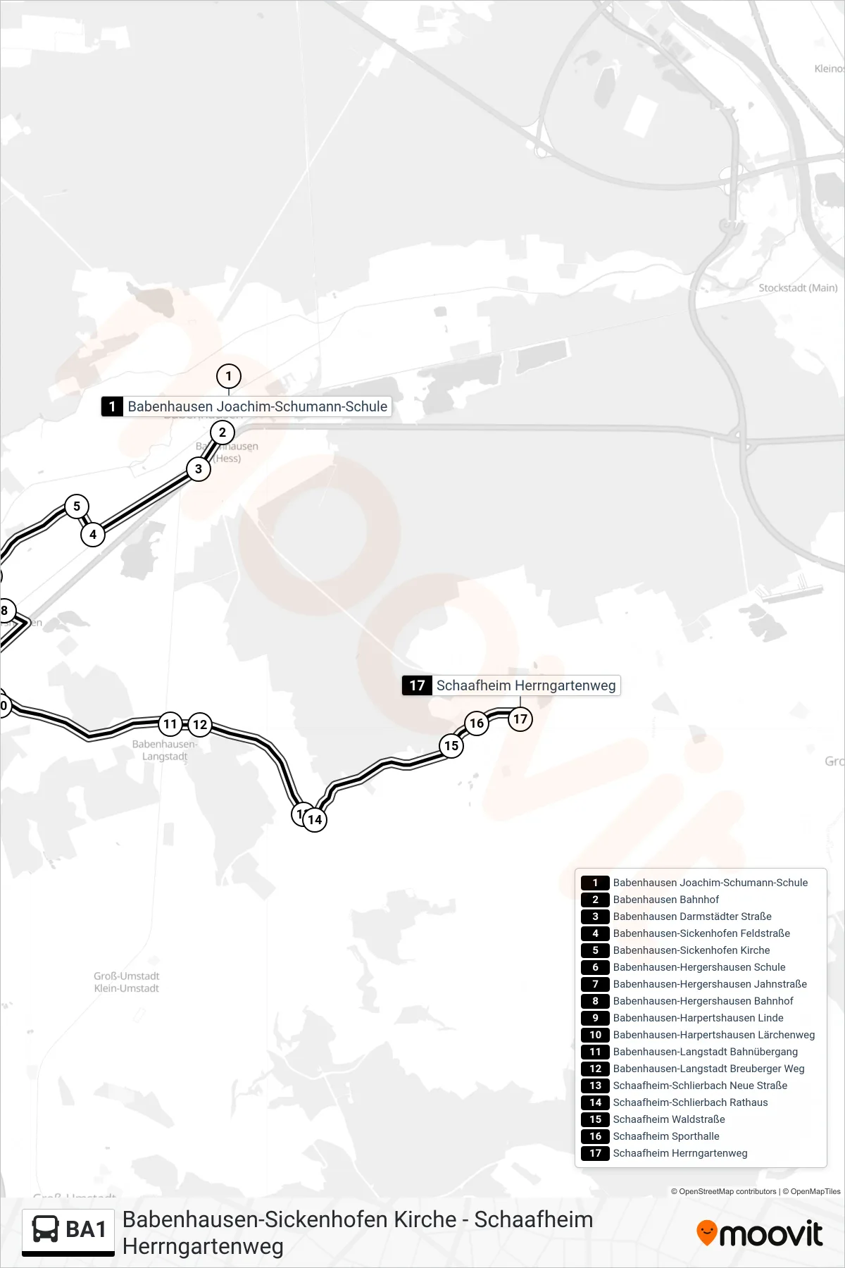 BA1 bus Line (Schaafheim Herrngartenweg) route and stops on a map