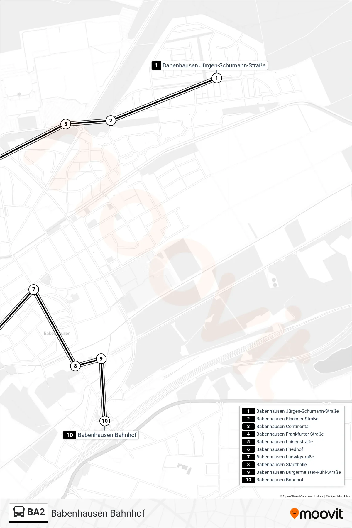 BA2 bus Line (Babenhausen Bahnhof) route and stops on a map