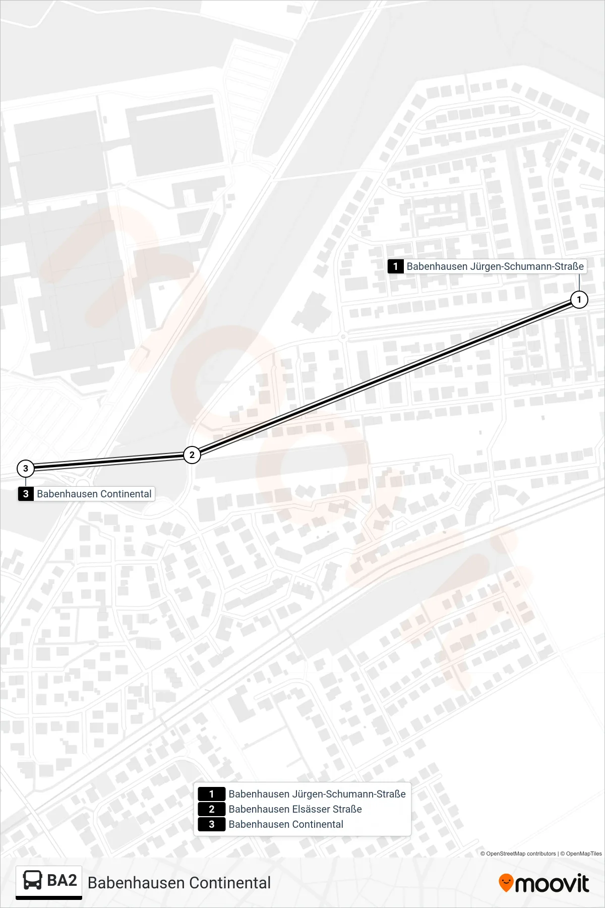BA2 bus Line (Babenhausen Continental) route and stops on a map