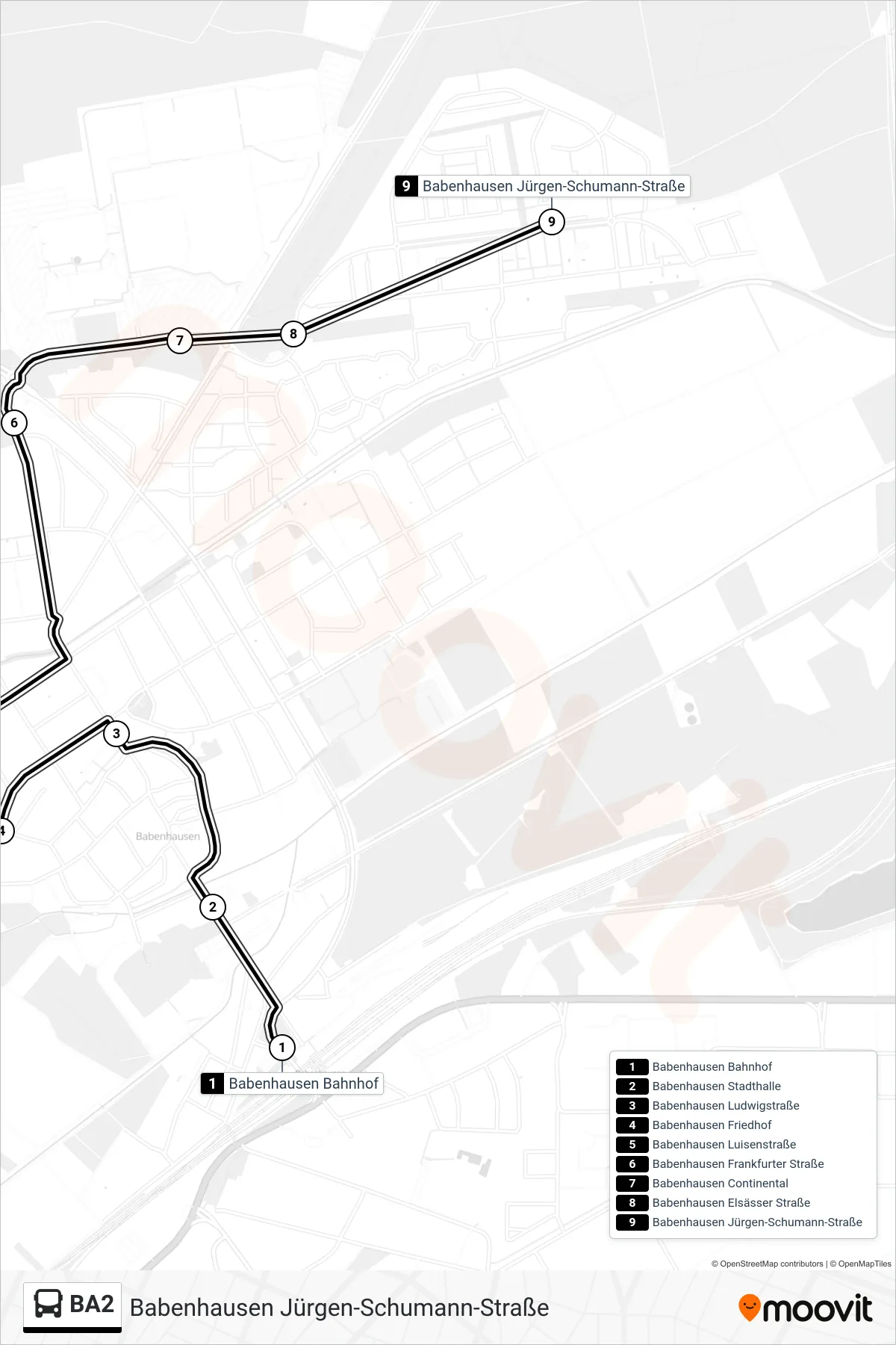 Linie BA2 (Bus) Richtung Babenhausen Jürgen-Schumann-Straße: Route und Haltestellen auf der Karte