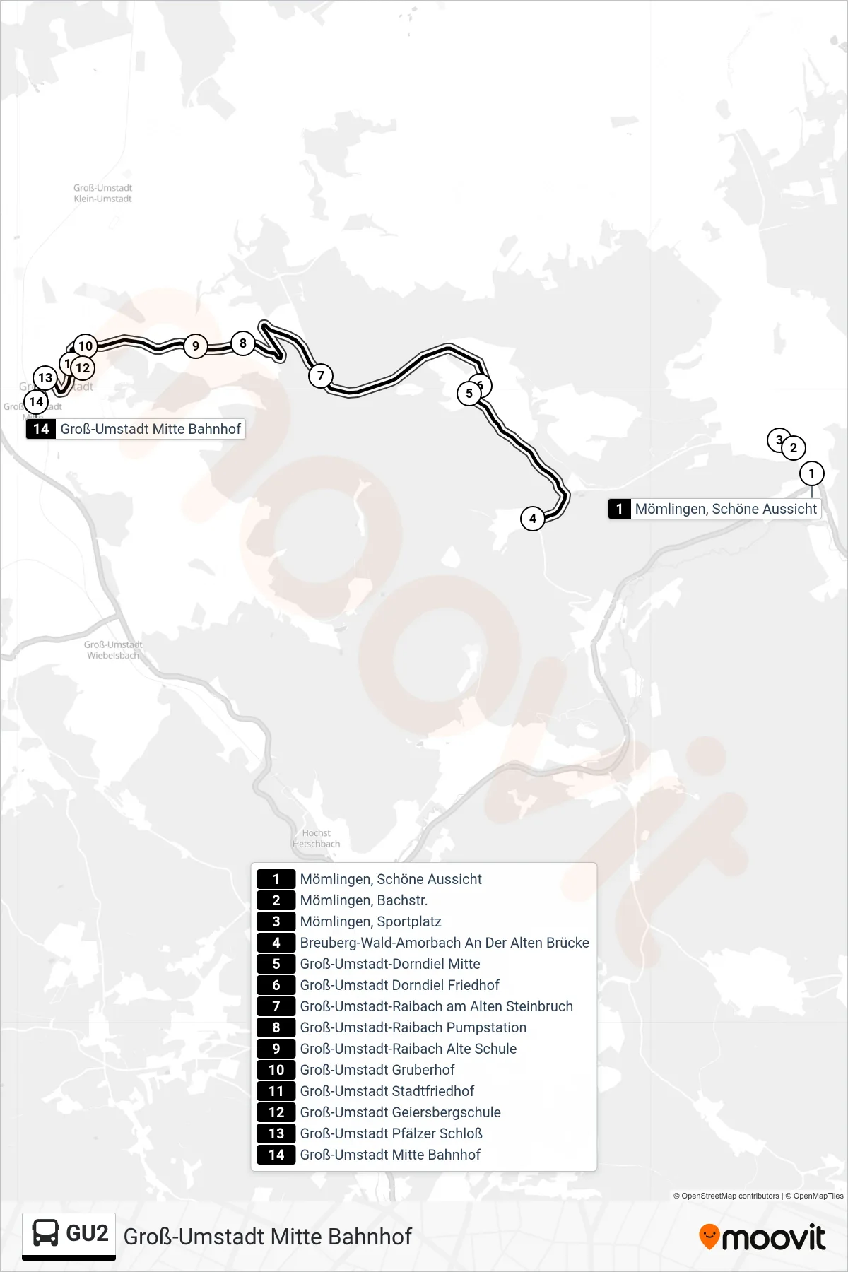 GU2 bus Line (Groß-Umstadt Mitte Bahnhof) route and stops on a map