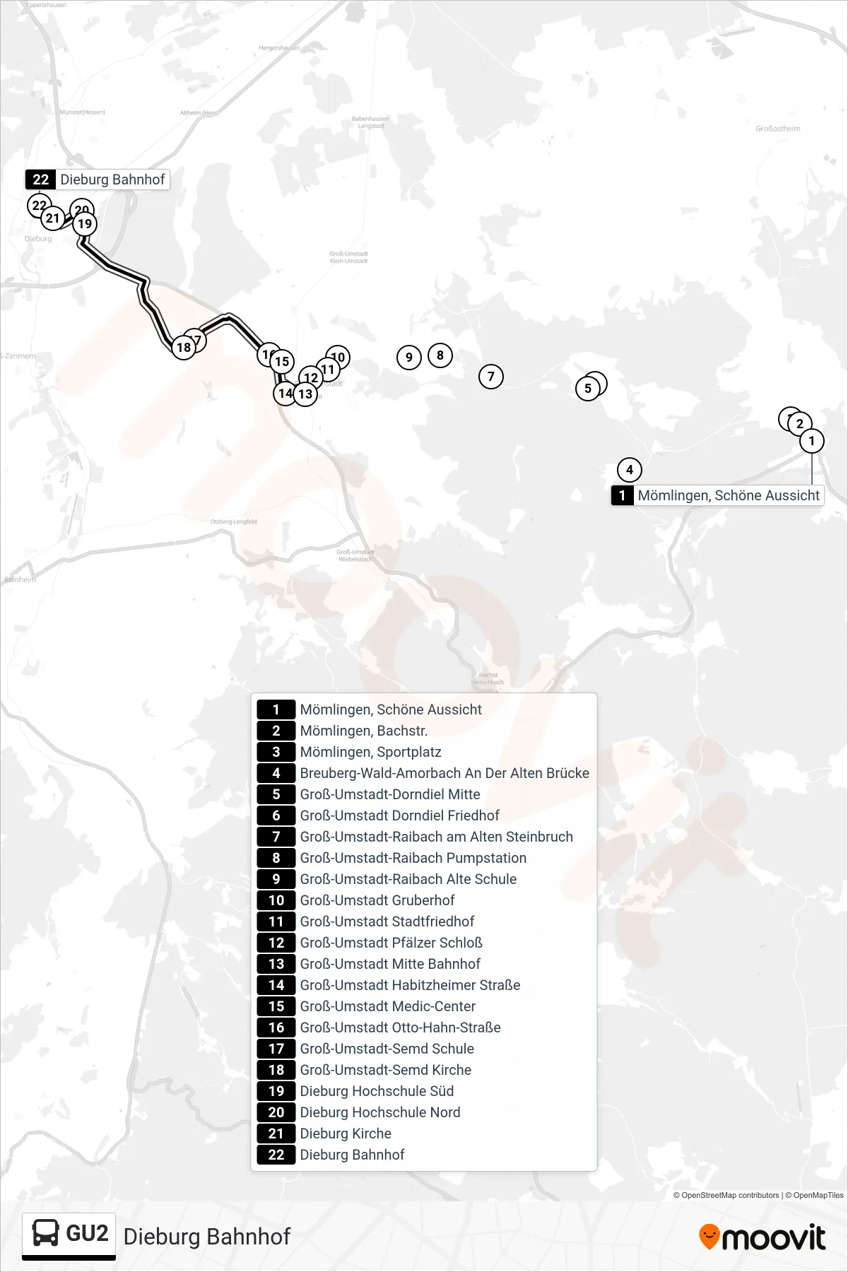 GU2 bus Line (Dieburg Bahnhof) route and stops on a map