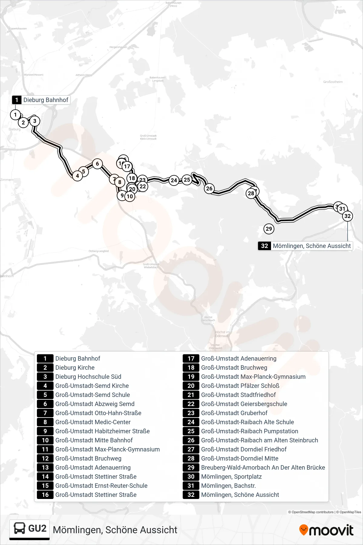GU2 bus Line (Mömlingen, Schöne Aussicht) route and stops on a map