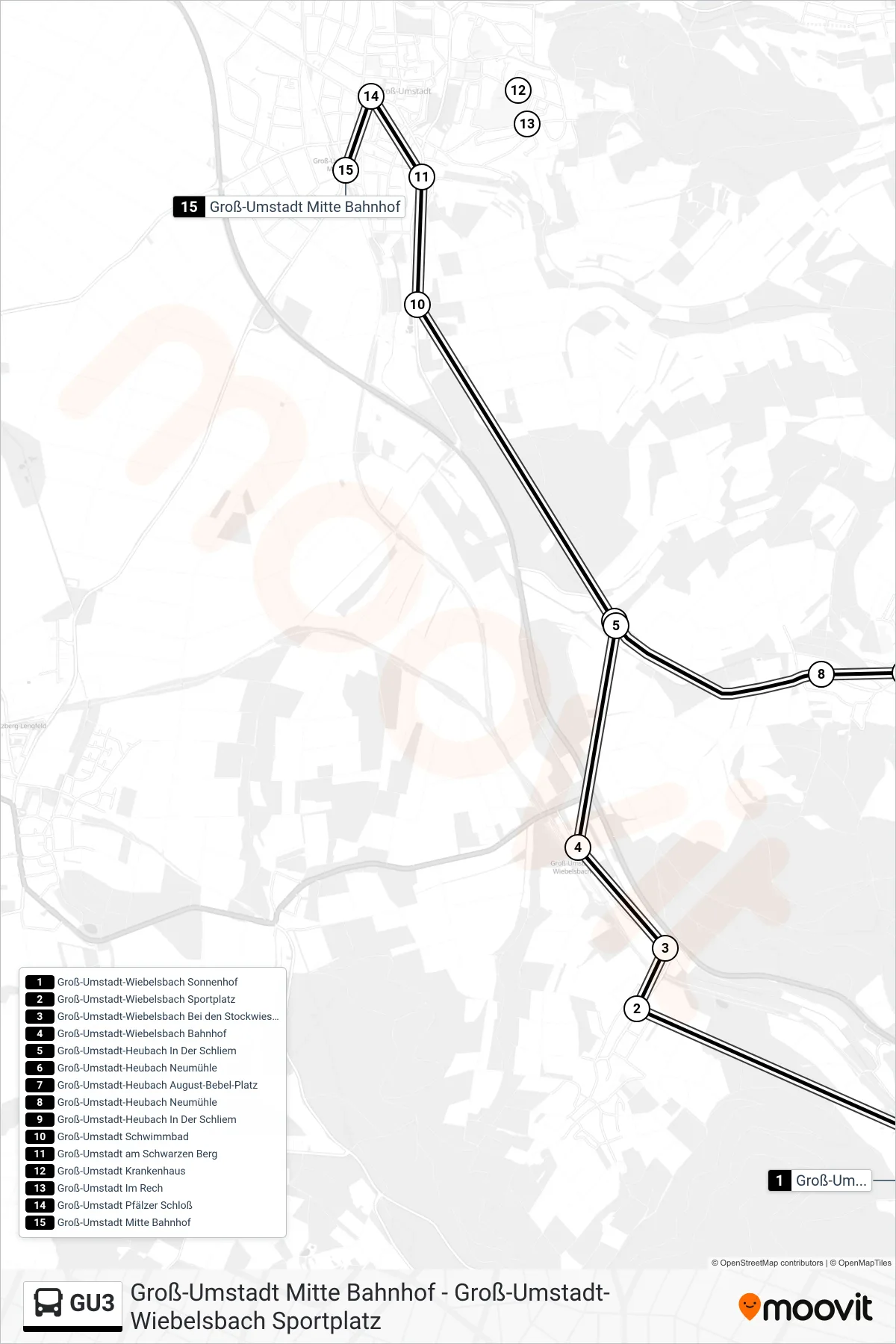 GU3 bus Line (Groß-Umstadt Mitte Bahnhof) route and stops on a map