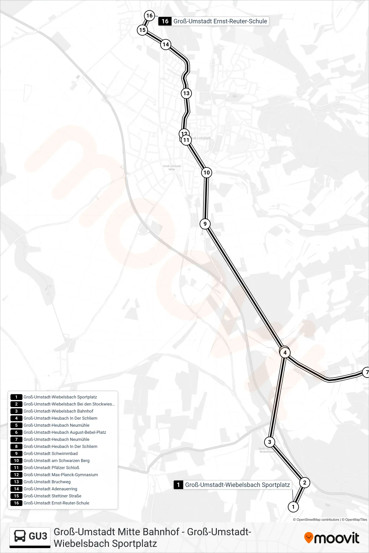 GU3 bus Line (Groß-Umstadt Ernst-Reuter-Schule) route and stops on a map