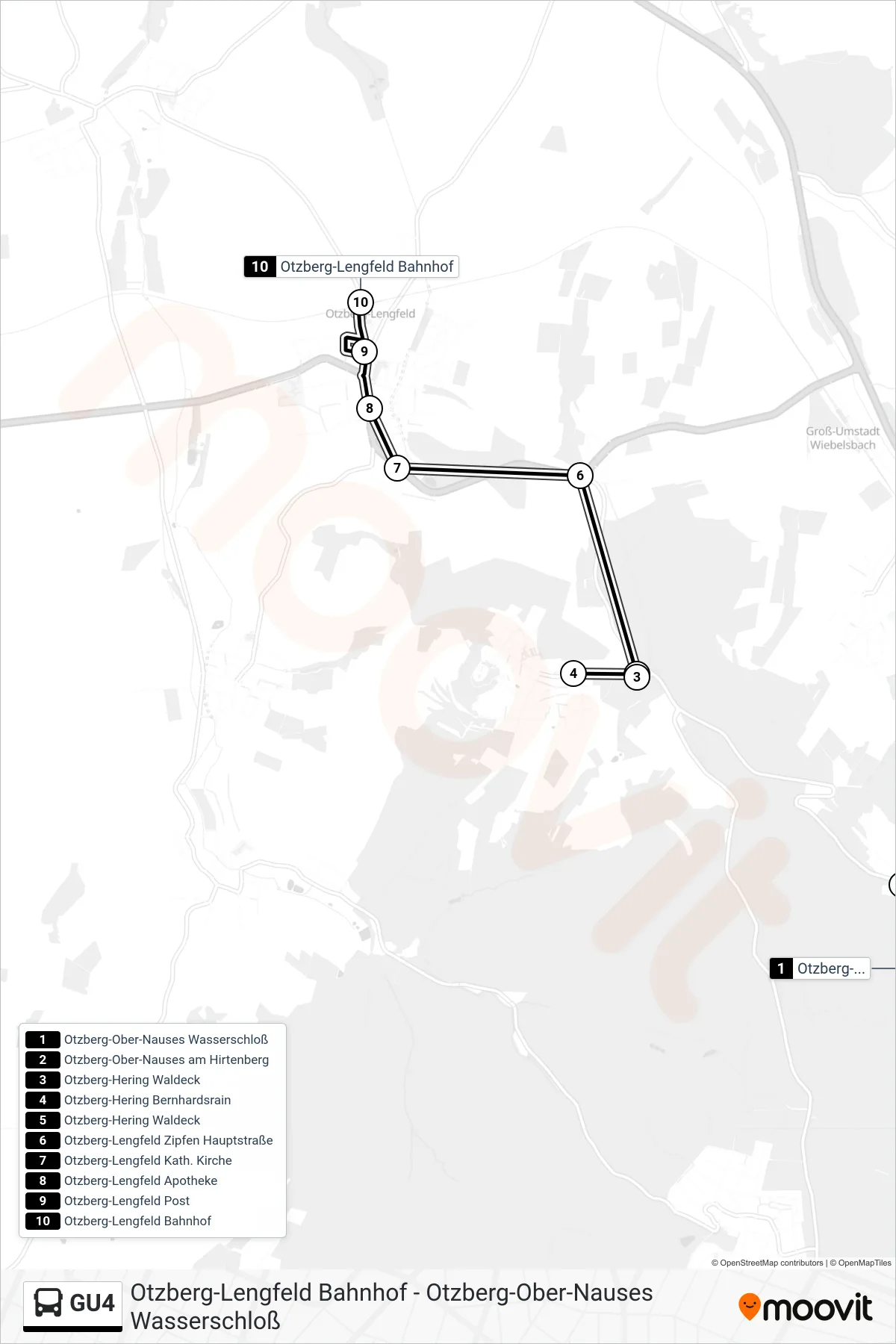 GU4 bus Line (Otzberg-Lengfeld Bahnhof) route and stops on a map
