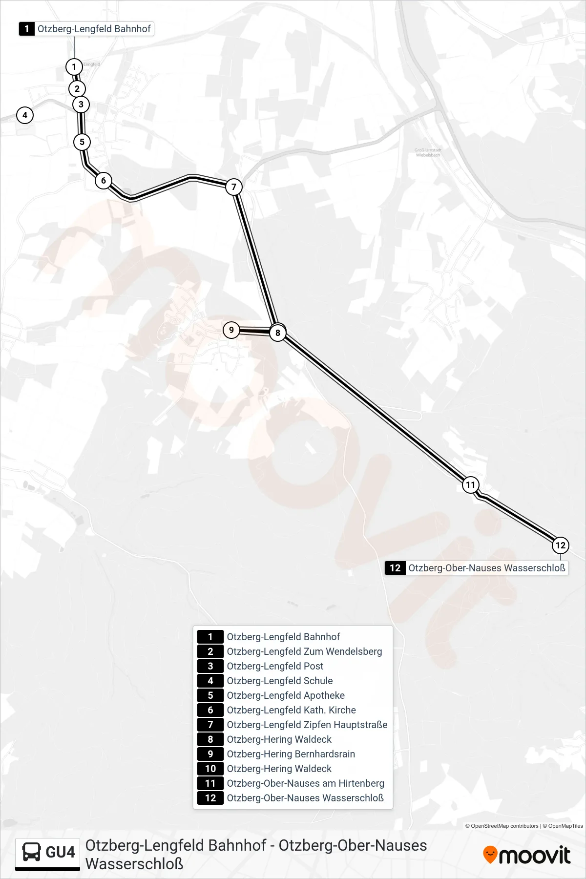GU4 bus Line (Otzberg-Ober-Nauses Wasserschloß) route and stops on a map