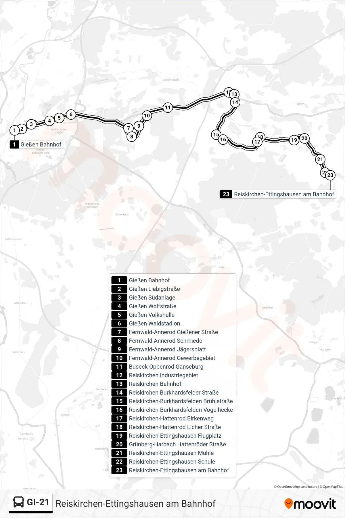 GI-21 bus Line (Reiskirchen-Ettingshausen am Bahnhof) route and stops on a map