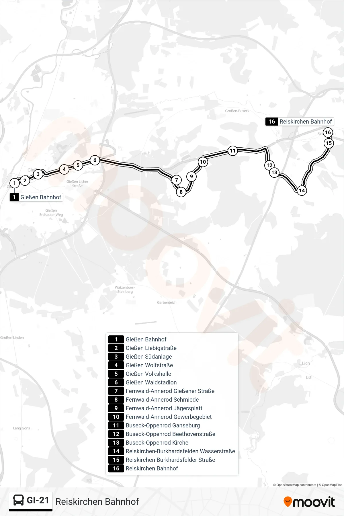 GI-21 bus Line (Reiskirchen Bahnhof) route and stops on a map