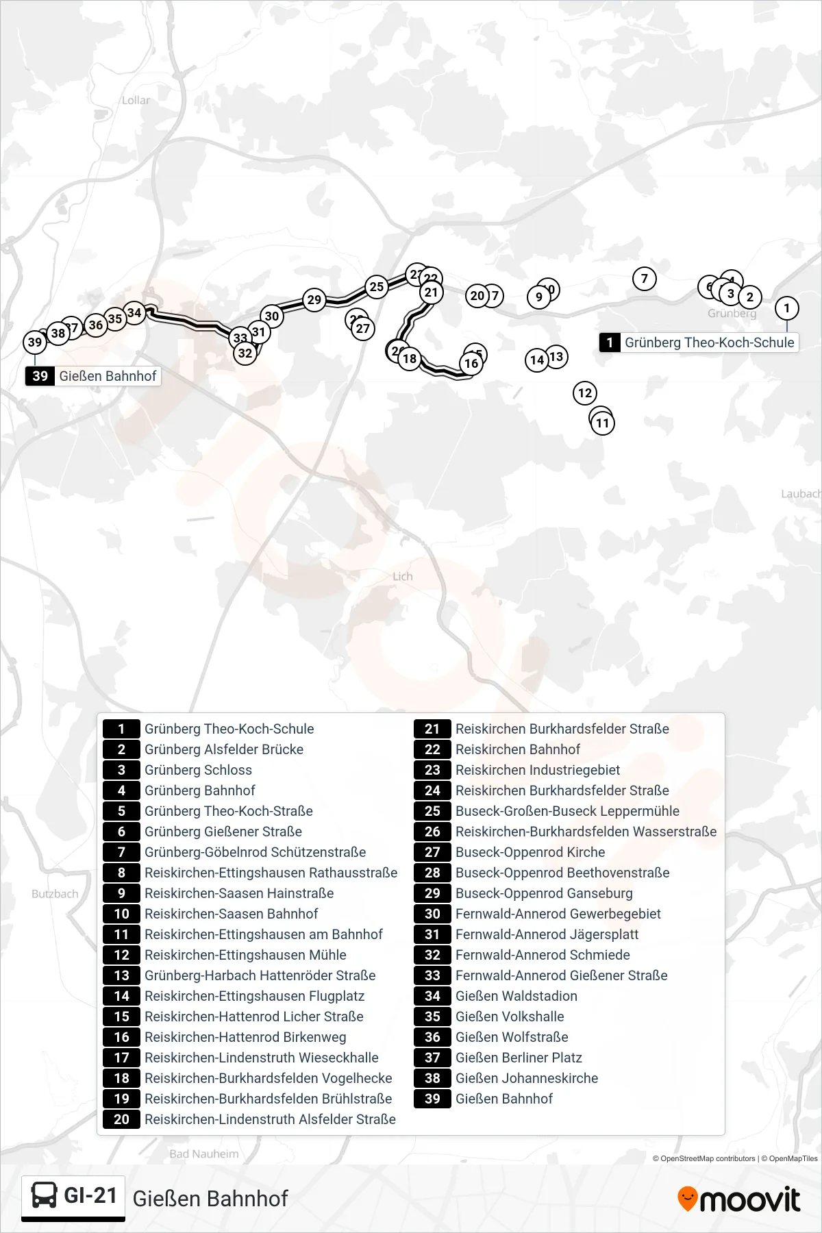 GI-21 bus Line (Gießen Bahnhof) route and stops on a map