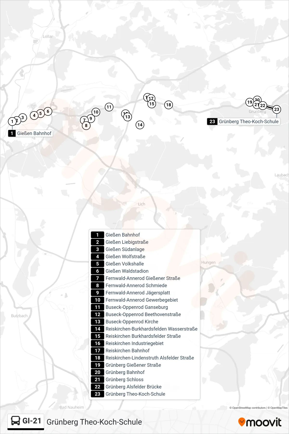 GI-21 bus Line (Grünberg Theo-Koch-Schule) route and stops on a map
