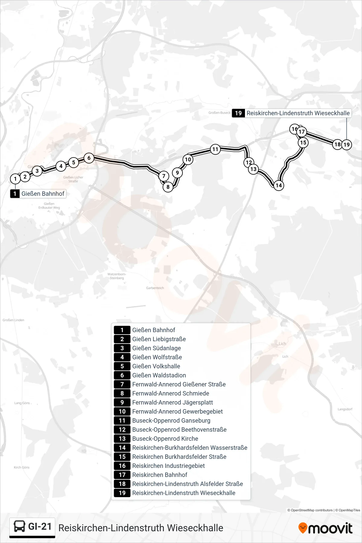 GI-21 bus Line (Reiskirchen-Lindenstruth Wieseckhalle) route and stops on a map