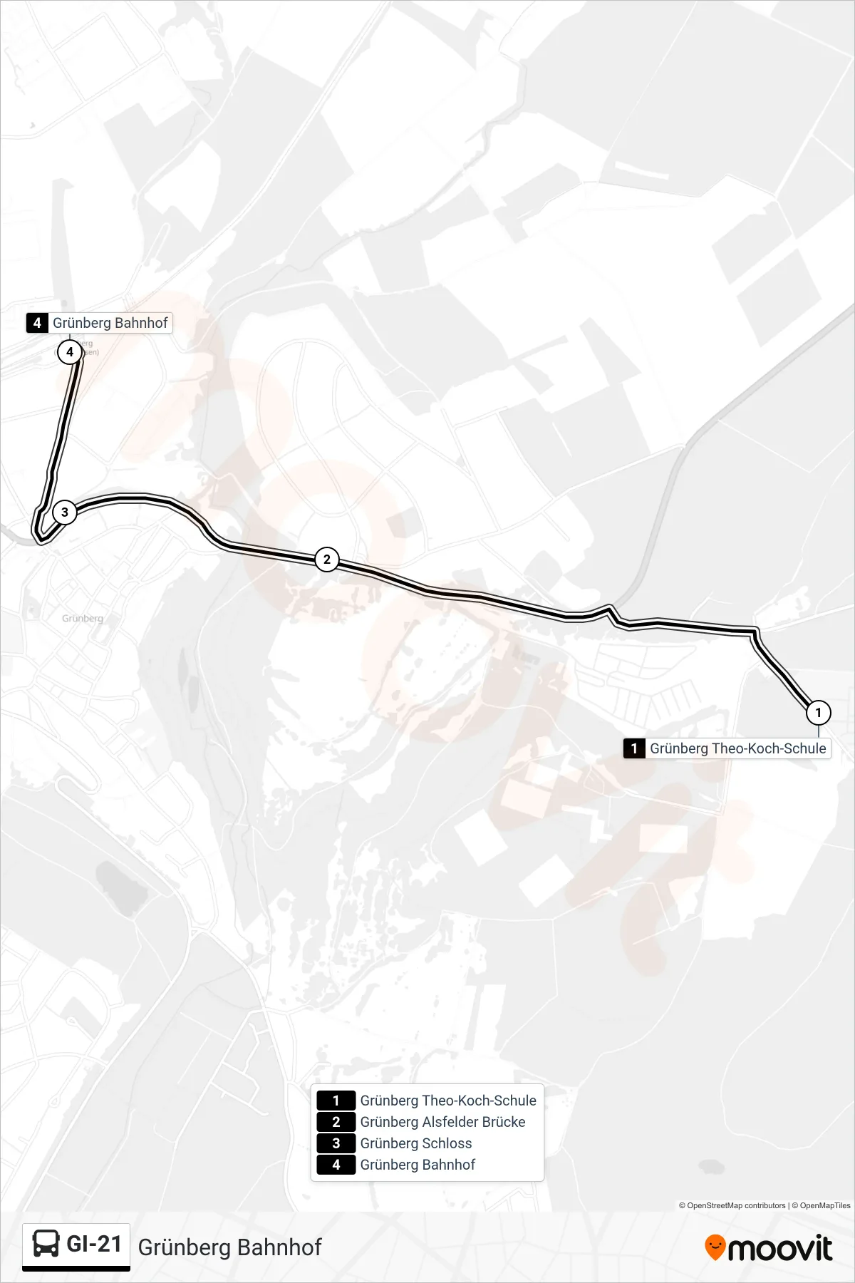 Linie GI-21 (Bus) Richtung Grünberg Bahnhof: Route und Haltestellen auf der Karte