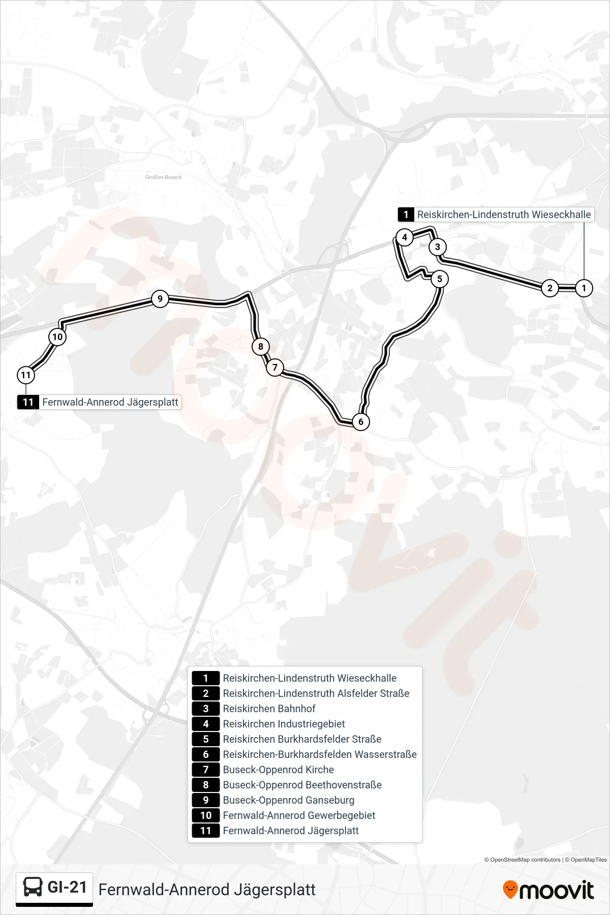 GI-21 bus Line (Fernwald-Annerod Jägersplatt) route and stops on a map