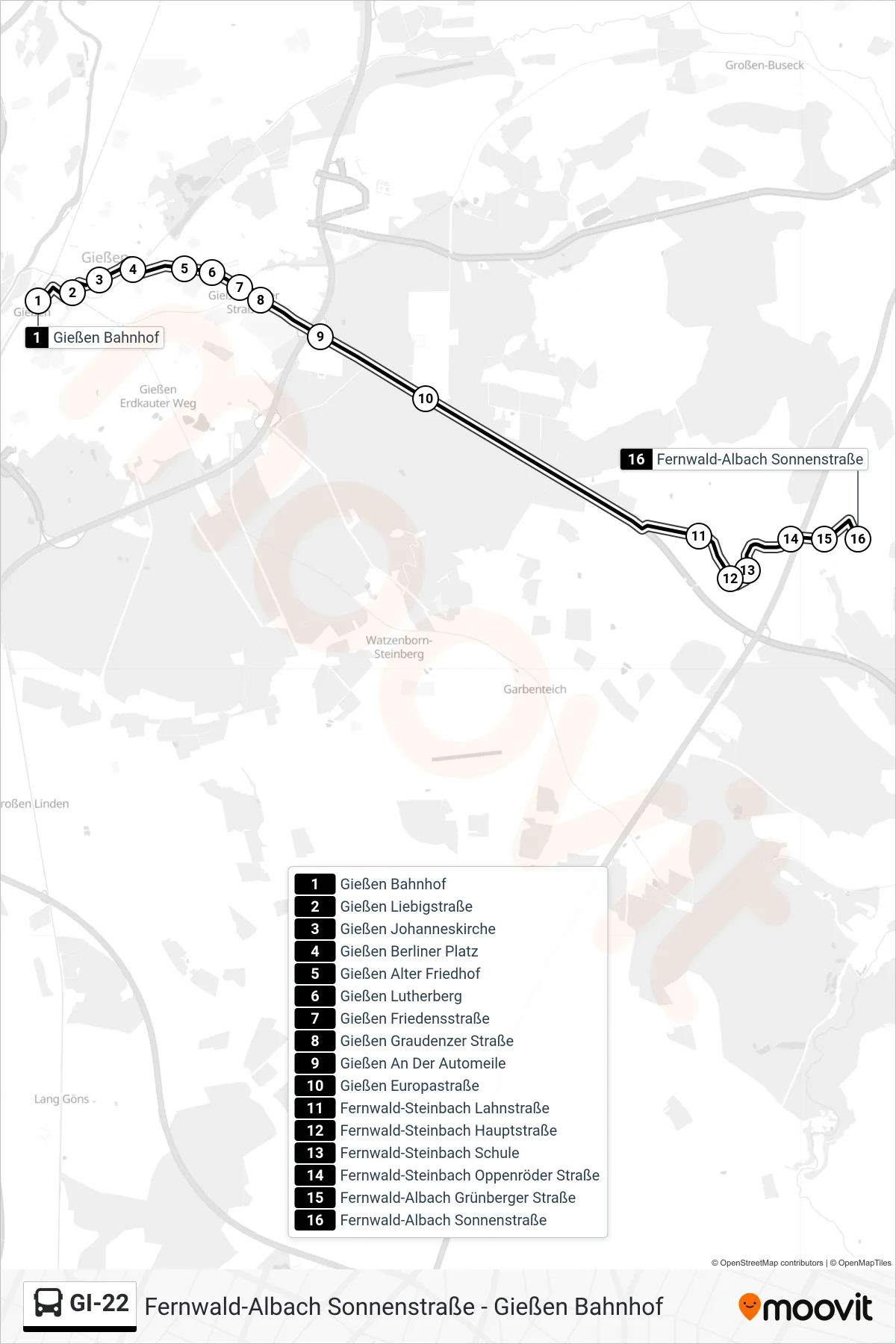 GI-22 bus Line (Fernwald-Albach Sonnenstraße) route and stops on a map