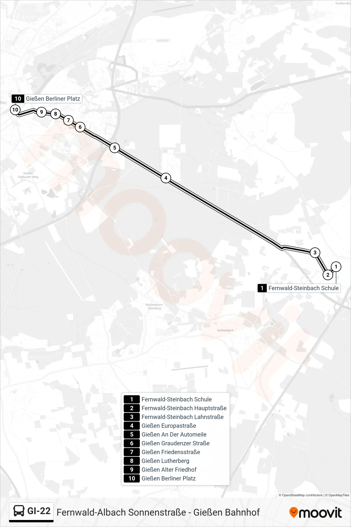 Linie GI-22 (Bus) Richtung Gießen Berliner Platz: Route und Haltestellen auf der Karte