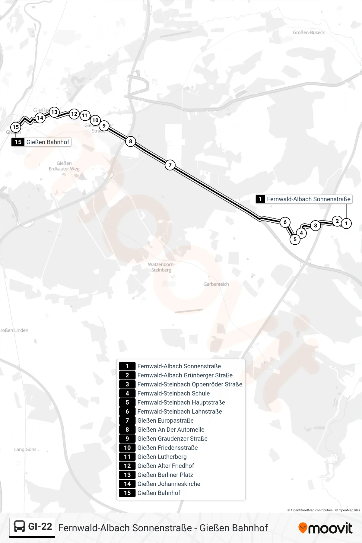 GI-22 bus Line (Gießen Bahnhof) route and stops on a map