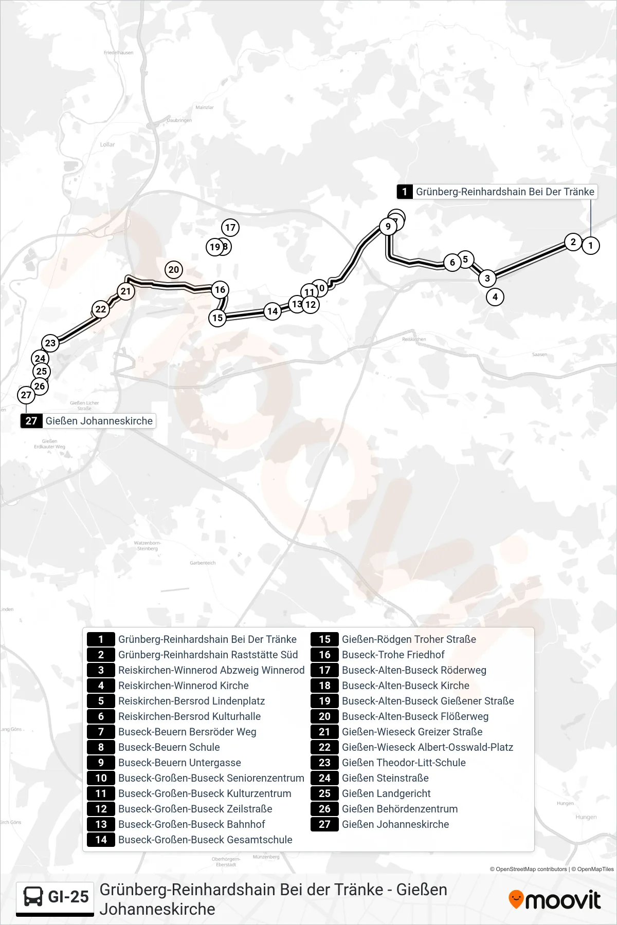 GI-25 bus Line (Gießen Johanneskirche) route and stops on a map