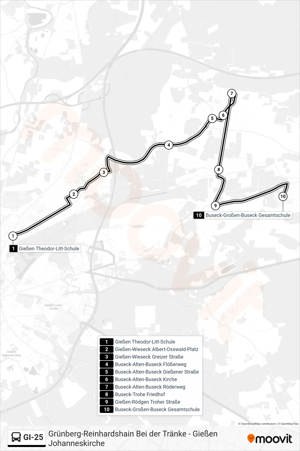GI-25 bus Line (Buseck-Großen-Buseck Gesamtschule) route and stops on a map