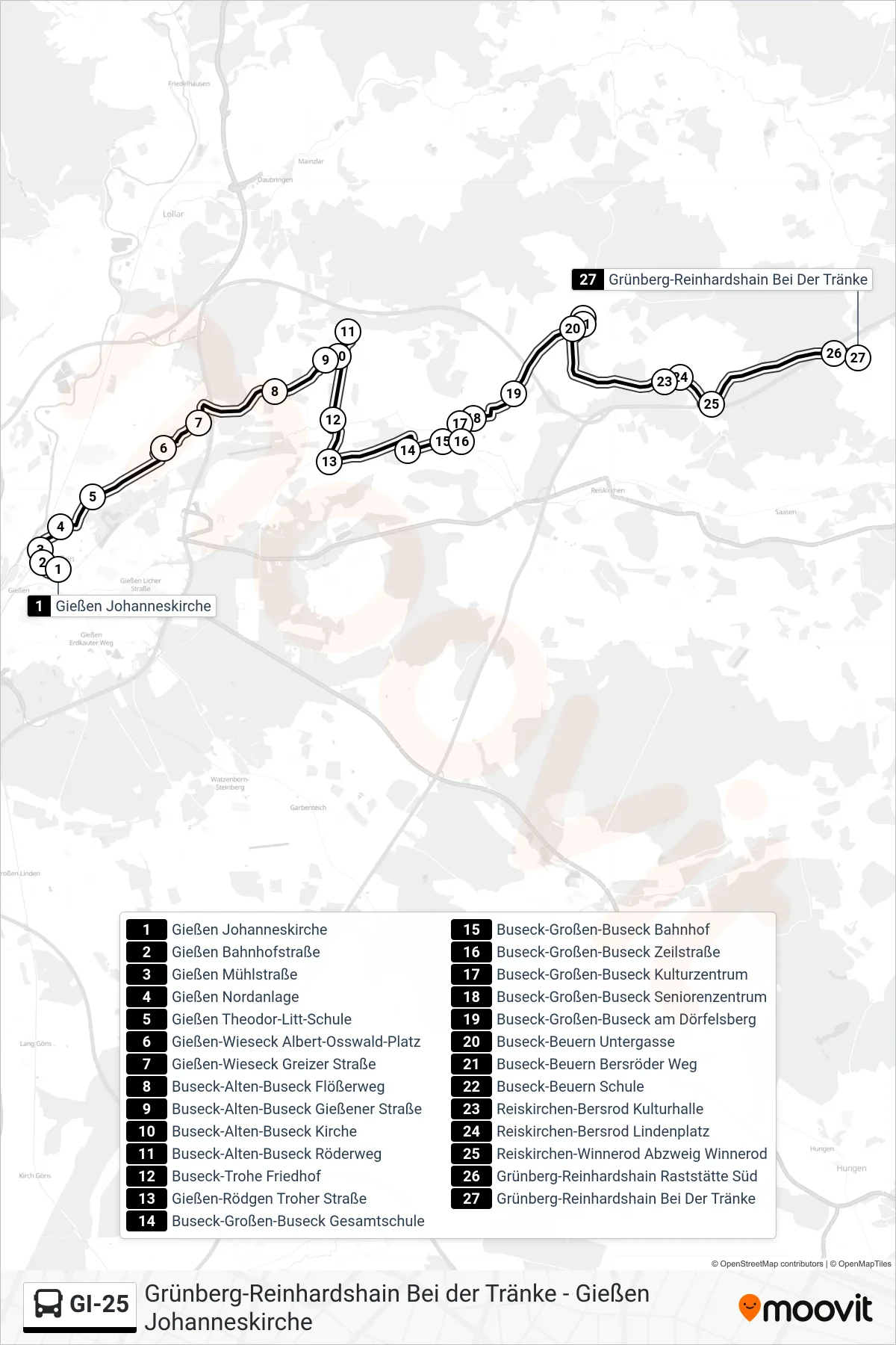 GI-25 bus Line (Grünberg-Reinhardshain Bei Der Tränke) route and stops on a map