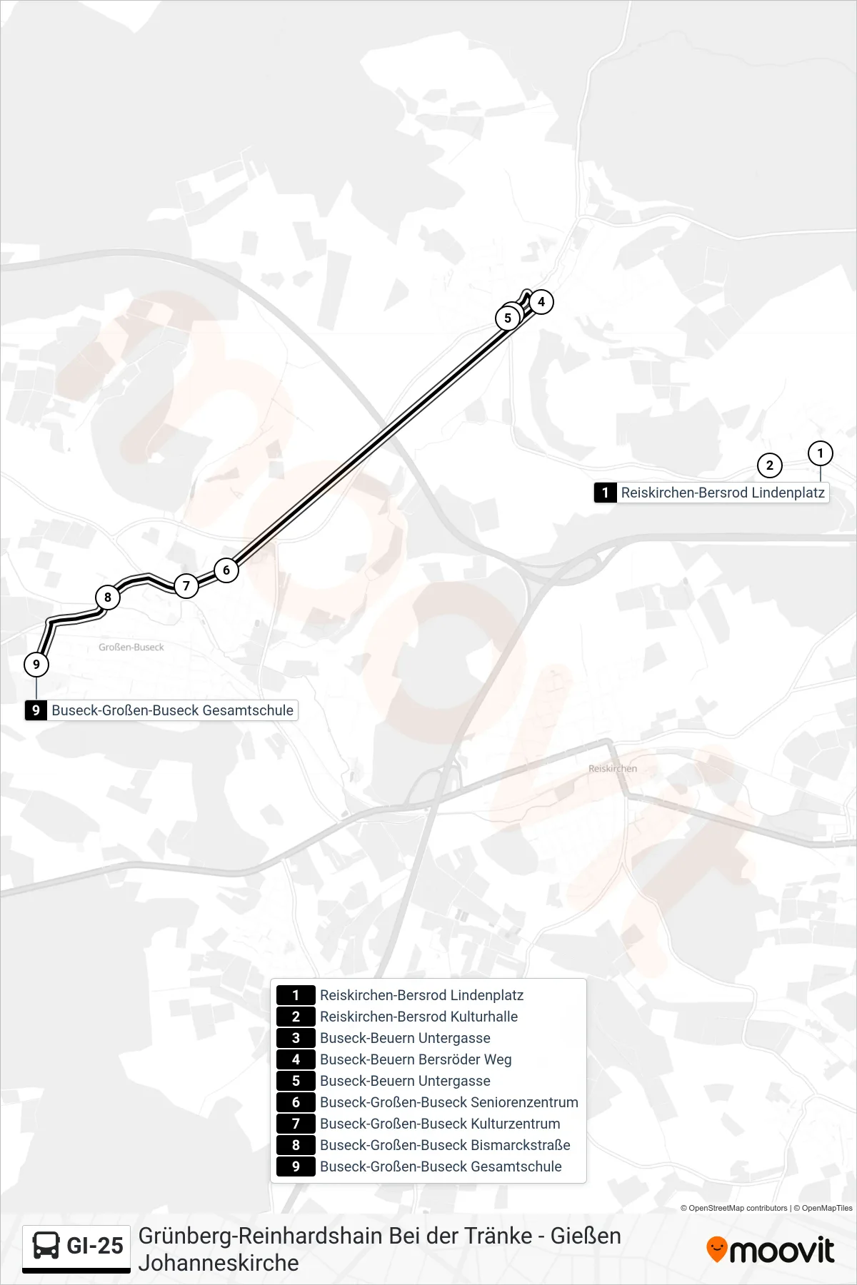 GI-25 bus Line (Buseck-Großen-Buseck Gesamtschule) route and stops on a map