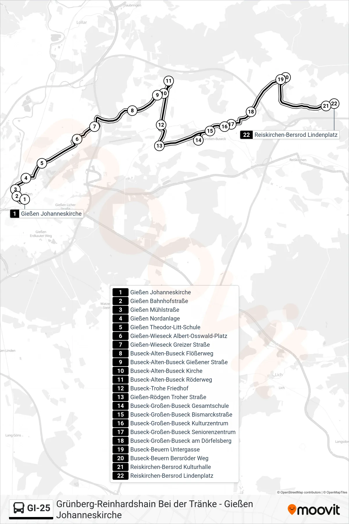 GI-25 bus Line (Reiskirchen-Bersrod Lindenplatz) route and stops on a map