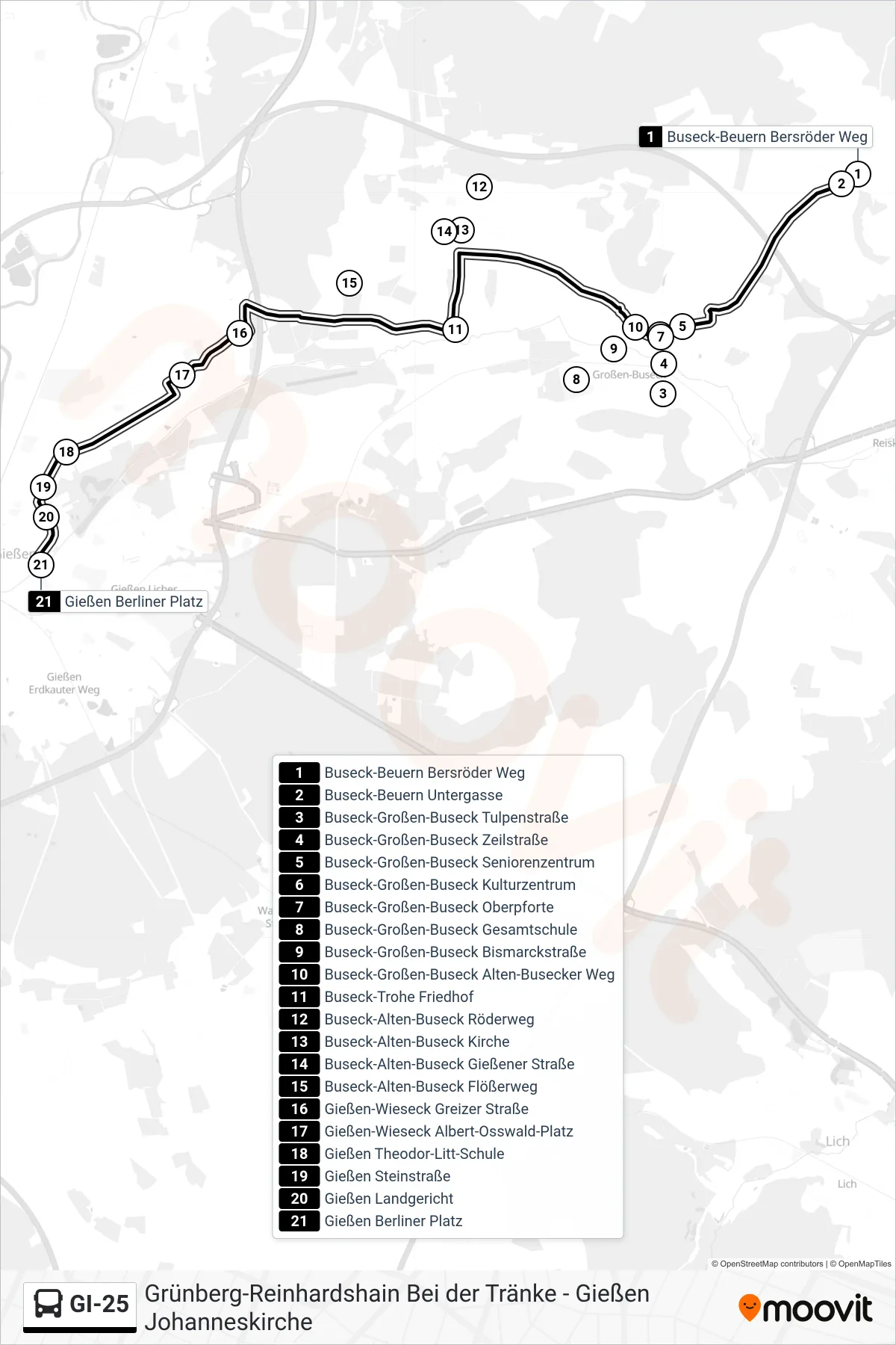 Linie GI-25 (Bus) Richtung Gießen Berliner Platz: Route und Haltestellen auf der Karte